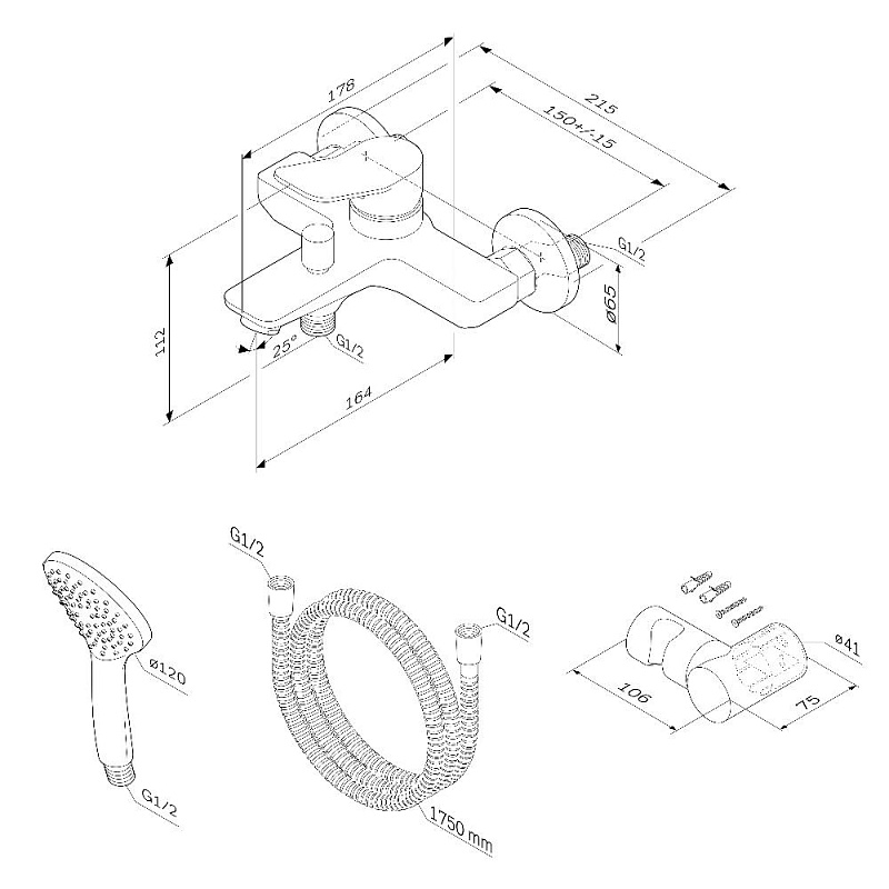Смеситель для ванны и душа AM.PM X-Joy F85A15000 душевая лейка, шланг 1750, хром