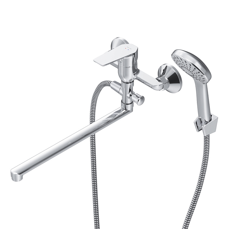 Смеситель для ванны и душа AM.PM Gem F90A90100 длинный излив, душевая лейка, шланг 1500, хром