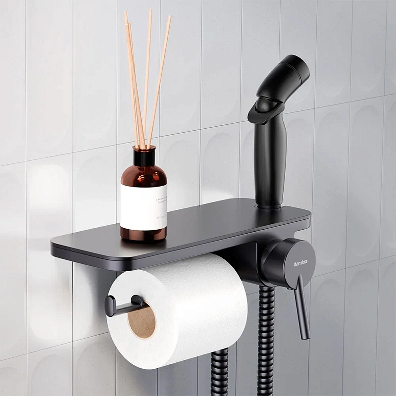Гигиенический душ со смесителем Damixa Jupiter 773500301 черный встраиваемый, полка, шланг 1200, держатель туалетной бумаги