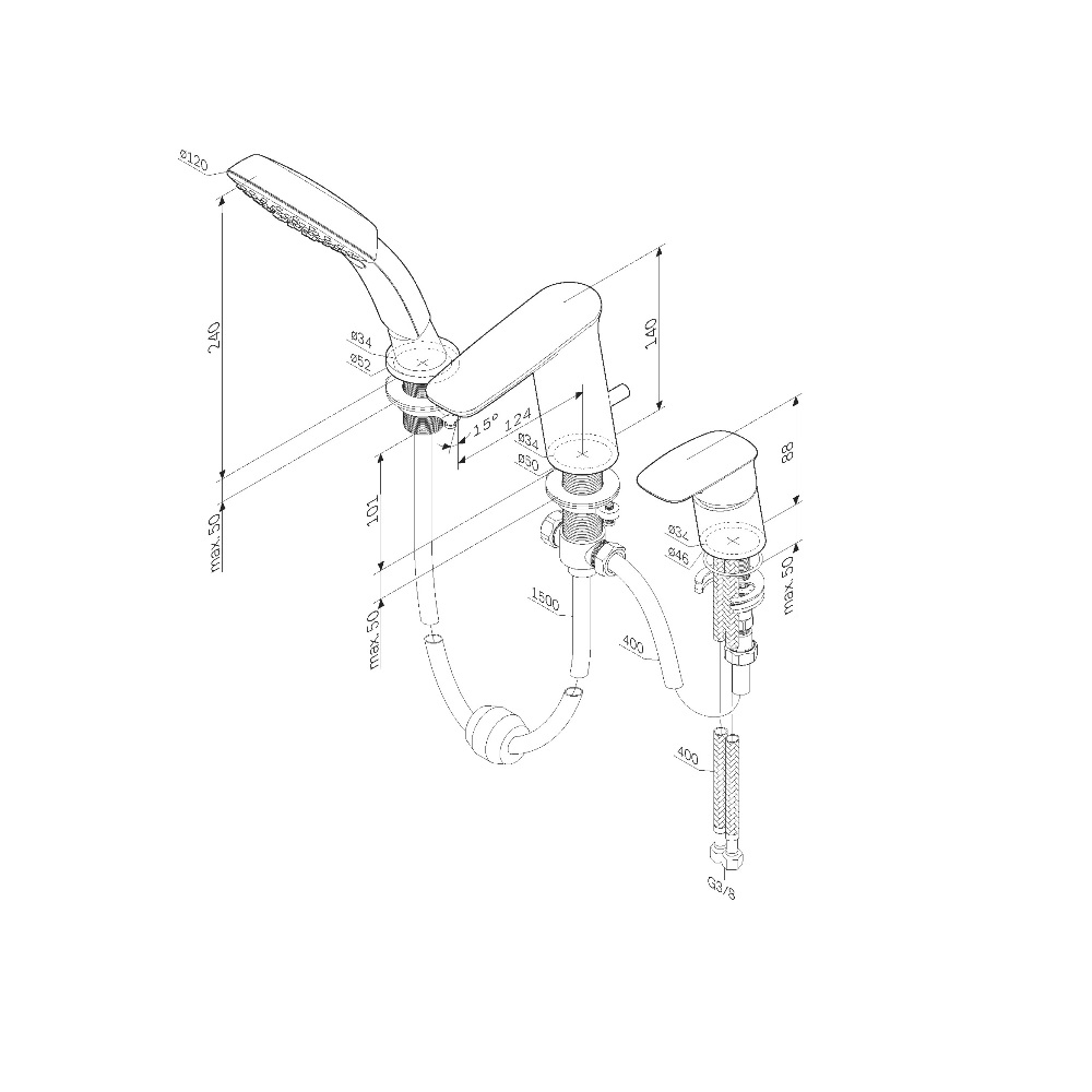 Смеситель на борт ванны, трёхсекционный Inspire V2.0 F50A01300, Хром