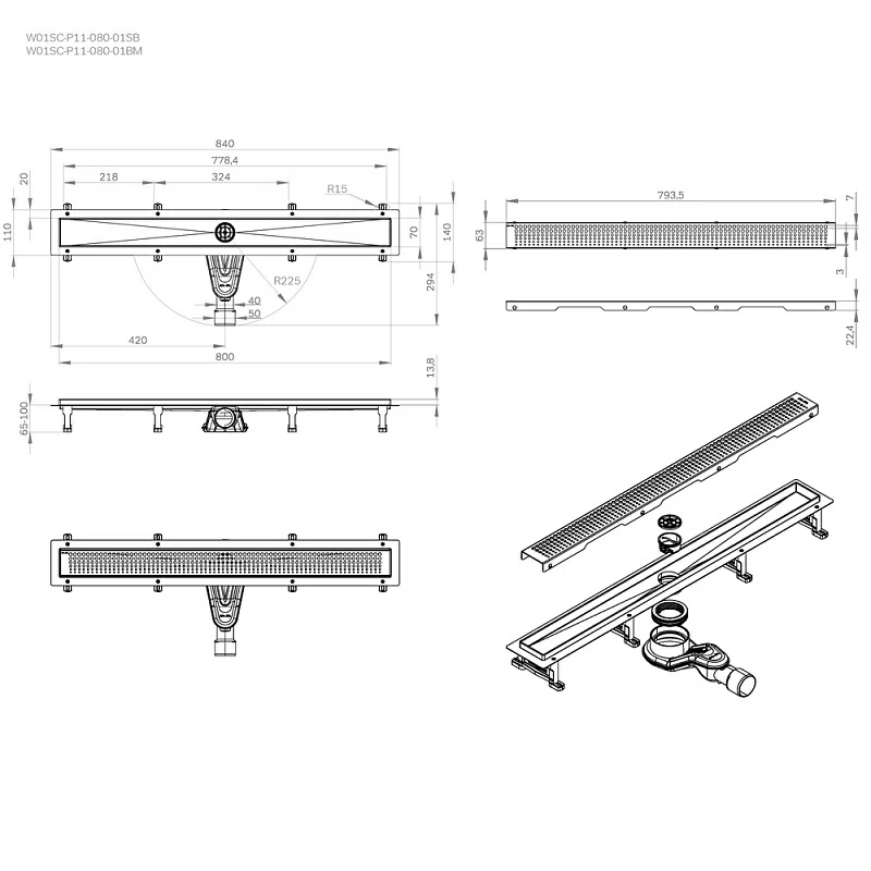 Душевой трап (лоток) 80 AM.PM MasterFlow W01SC-P11-080-01BM комбинированный затвор с черной матовой решеткой