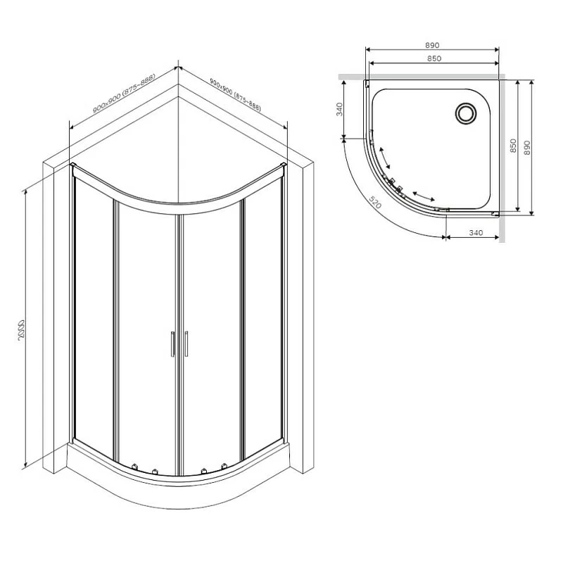 Душевое ограждение без поддона 90x90 AM.PM Gem W90G-401-090BT профиль чёрный матовый
