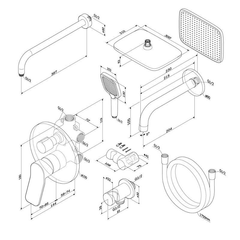 Встраиваемая душевая система AM.PM X-Joy FB85A3RH40 хром: тропический верхний душ, излив с душевой лейкой