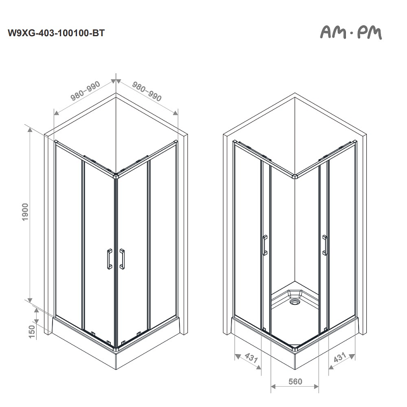 Душевое ограждение без поддона 100x100 AM.PM Above W9XG-403-100100-BT профиль черный