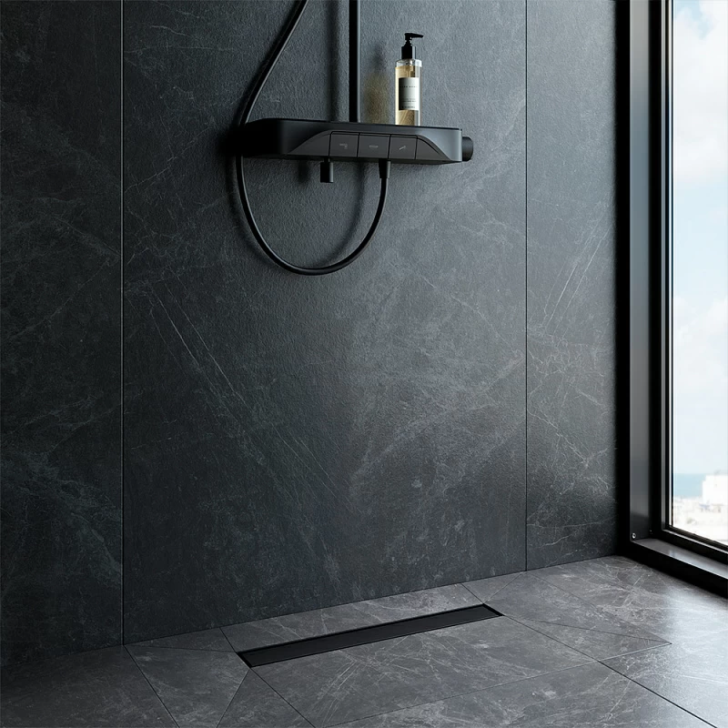 Душевой трап (лоток) 50 AM.PM MasterFlow W01SC-U11-050-04BM комбинированный затвор с черной матовой решеткой под плитку