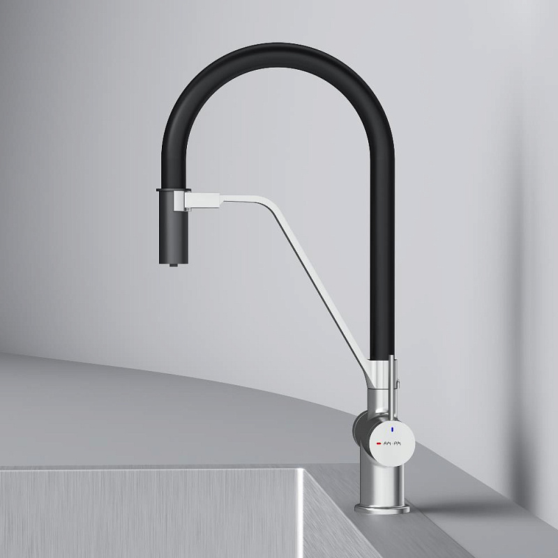 Смеситель для кухни AM.PM Func F8F07812 высокий, сатин с каналом для питьевой воды и гибким черным изливом