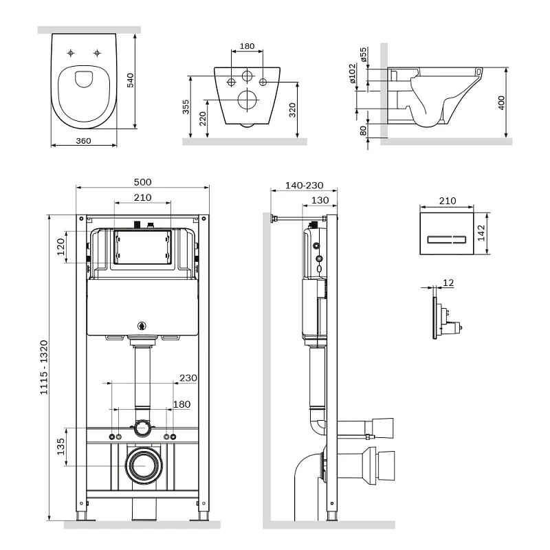 Унитаз подвесной безободковый с инсталляцией AM.PM Inspire IS450A38.501700 сиденьем микролифт, черной сенс. клавишей