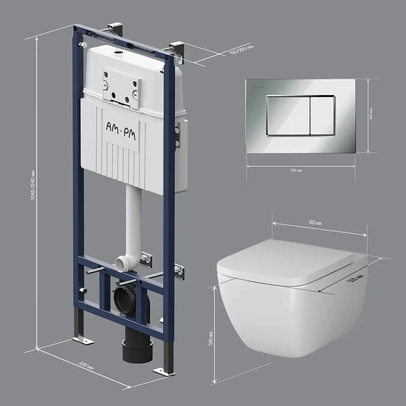 Унитаз подвесной безободковый с инсталляцией AM.PM Gem IS100251.901701 сиденьем микролифт, хром механ. клавишей