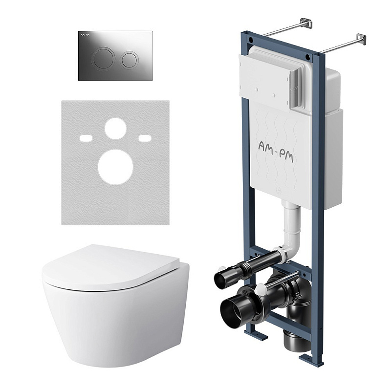 Унитаз подвесной безободковый с инсталляцией AM.PM ErgoFit IS110151.741701 сиденьем микролифт, хром механ. клавишей