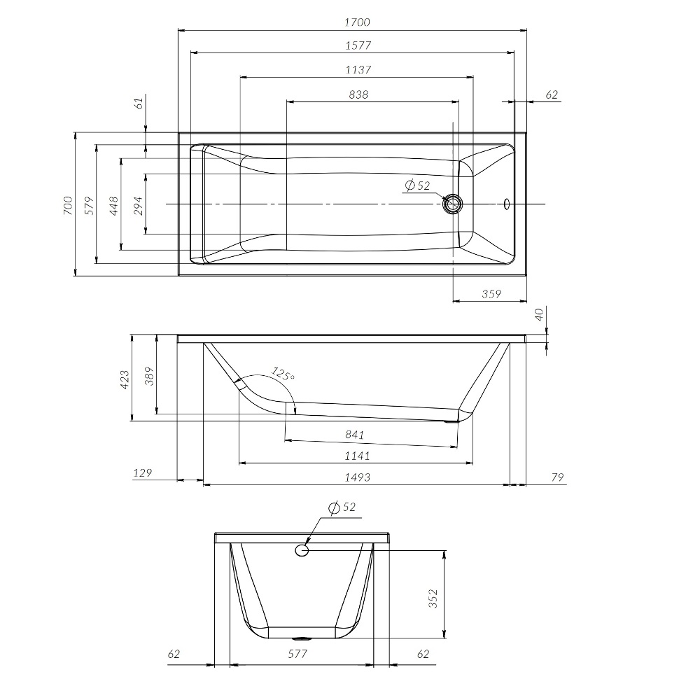 Ванна акриловая 170x70 см Gem W93A-170-070W-A, Белый