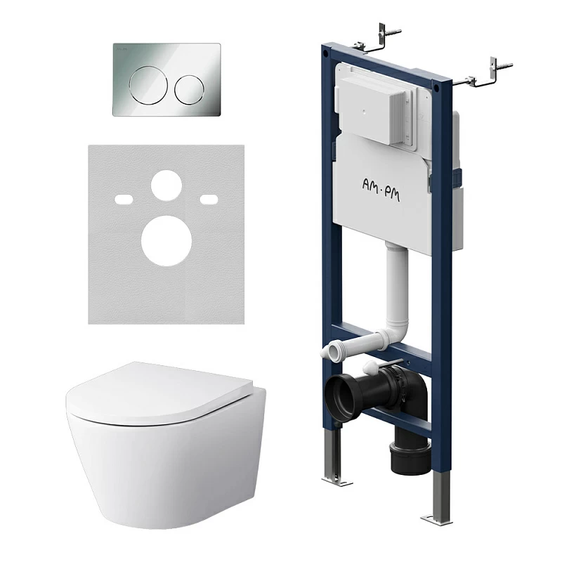 Унитаз подвесной безободковый с инсталляцией AM.PM Sense IS90151.741701 сиденьем микролифт, хром механ. клавишей