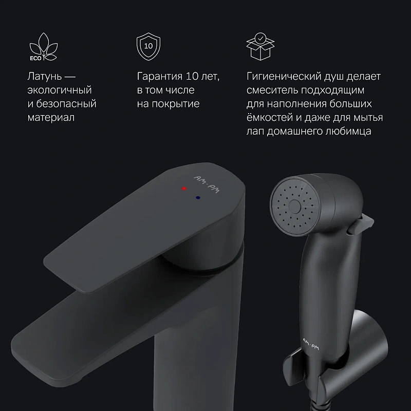 Смеситель для раковины (умывальника) AM.PM Gem F90A03022 c гигиеническим душем, черный