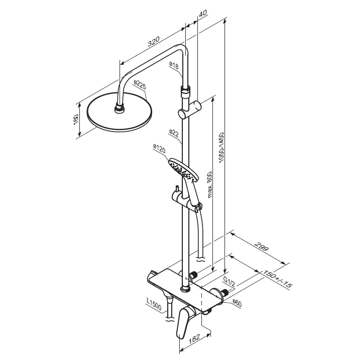 Душевая система Damixa Jupiter 977780300 стойка с тропическим душем, смесителем, черная матовая