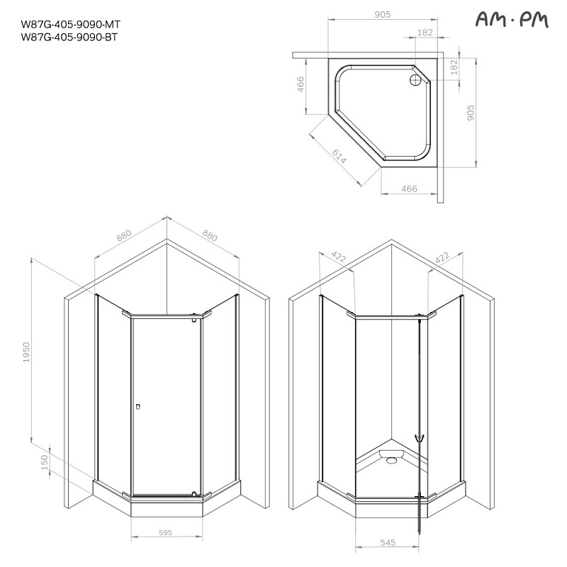 Душевое ограждение без поддона 90x90 AM.PM Sunny W87G-405-9090-BT профиль черный матовый