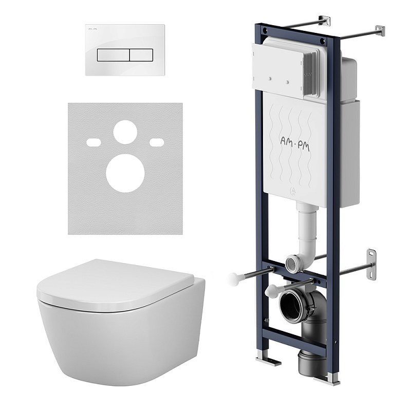 Унитаз подвесной с инсталляцией AM.PM Libre IS110301.601900 сиденьем микролифт, белой механ. клавишей