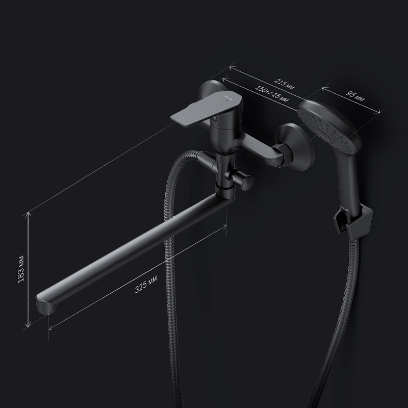 Смеситель для ванны и душа AM.PM Gem F90A90122 длинный излив, душевая лейка, шланг 1500, черный