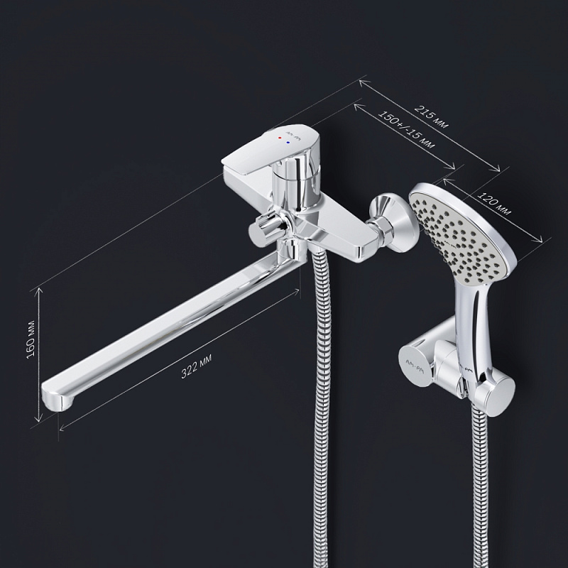 Смеситель для ванны и душа AM.PM Gem F90A95000 длинный излив, душевая лейка, шланг 1750, хром