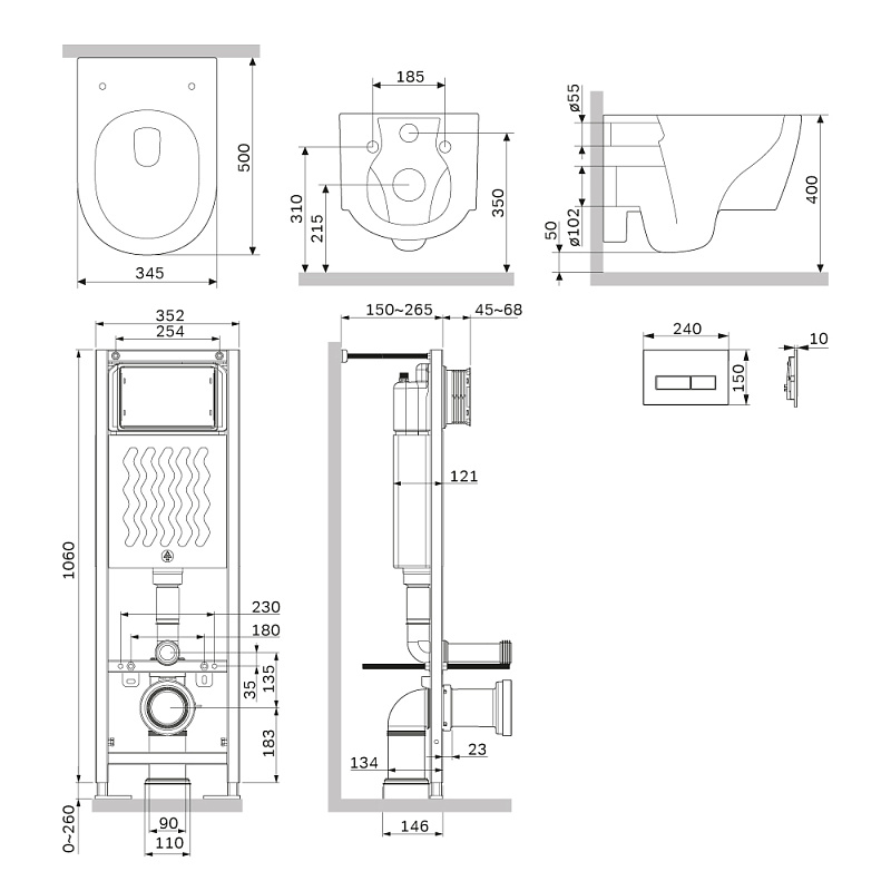 Унитаз подвесной безободковый с инсталляцией Damixa Jupiter IS110338.DX77C1700 сиденьем микролифт, черной механ. клавишей