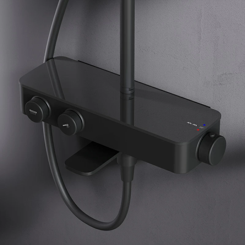 Душевая система AM.PM Inspire 2.0 F0750A522 стойка с тропическим душем, термостатом, смесителем, изливом, черная матовая