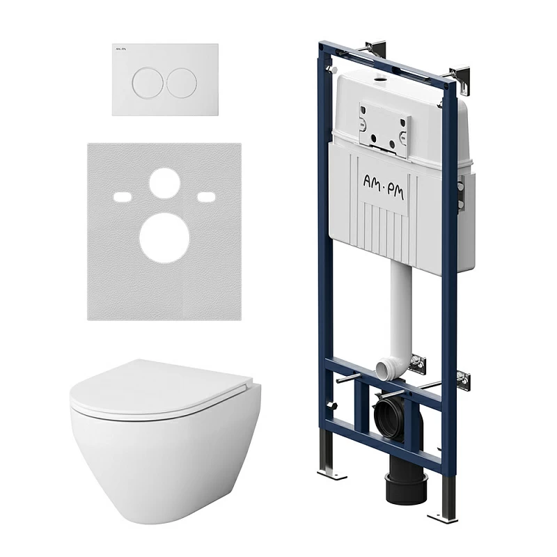 Унитаз подвесной безободковый с инсталляцией AM.PM Spirit 2.0 IS100101.701700 сиденьем микролифт, белой механ. клавишей