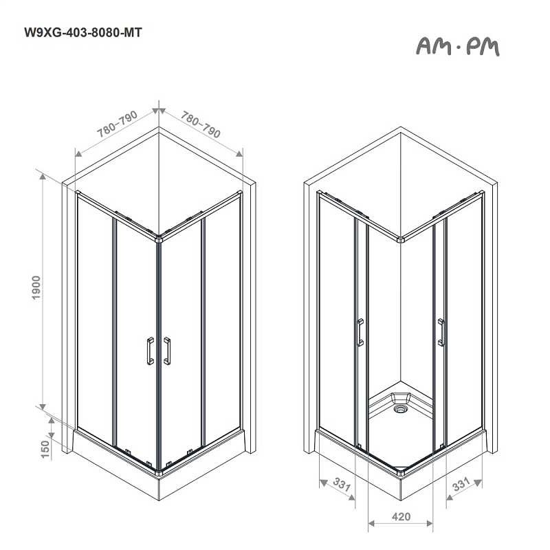 Душевое ограждение без поддона 80x80 AM.PM Above W9XG-403-8080-MT профиль серебристый