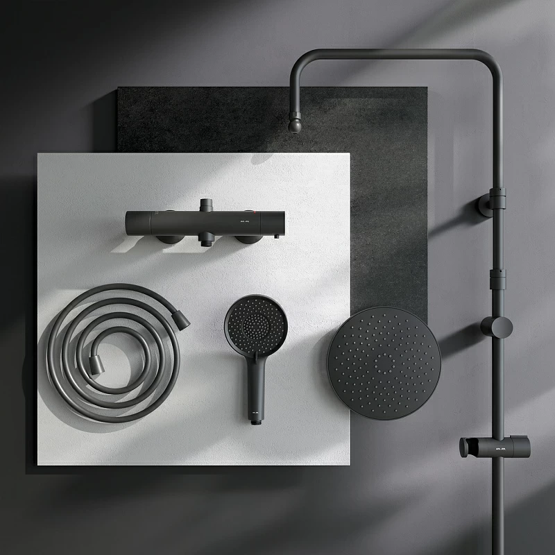 Душевая система AM.PM X-Joy F0785A422 стойка с тропическим душем, термостатом, смесителем, черная матовая