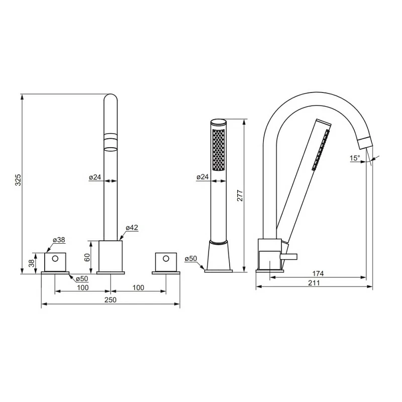 Смеситель для ванны и душа Damixa Scandinavian Pure 360400000 на борт, душевая лейка, шланг 1500, хром