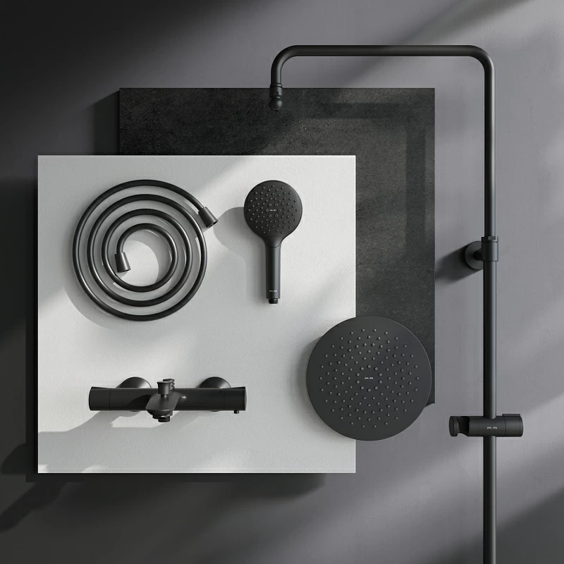 Душевая система AM.PM Like F0780522 стойка с тропическим душем, термостатом, смесителем, изливом, черная матовая