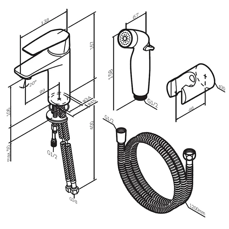 Смеситель для раковины (умывальника) AM.PM Gem F90A03022 c гигиеническим душем, черный