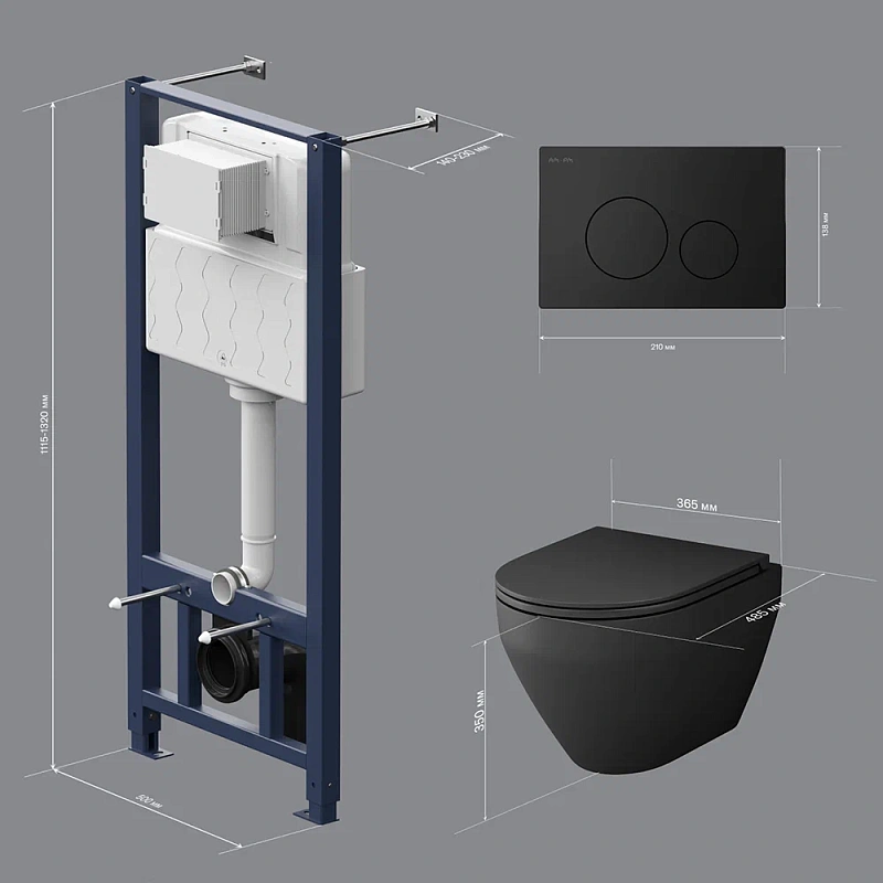 Унитаз подвесной безободковый с инсталляцией AM.PM Spirit V2.0 IS49038.701700MB сиденьем микролифт, черной пневм. клавишей