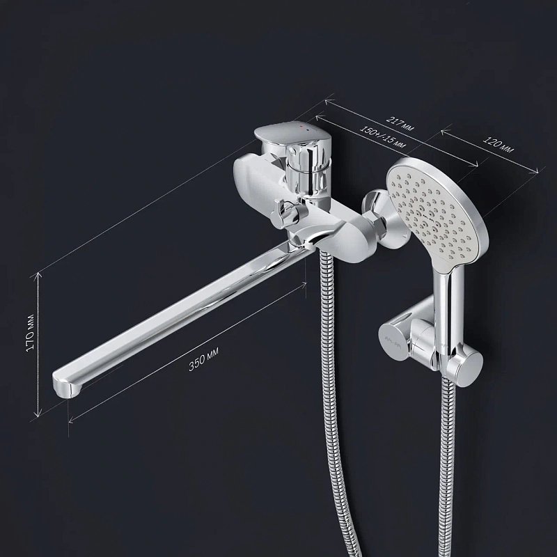 Смеситель для ванны и душа AM.PM Like F8095000 длинный излив, душевая лейка, шланг 1750, хром