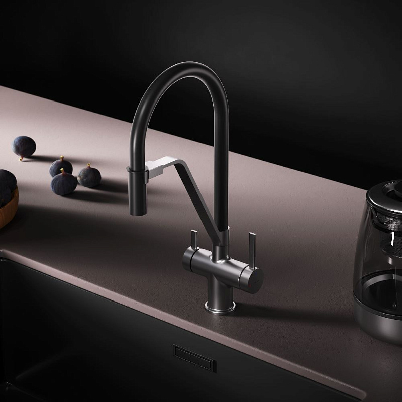 Смеситель для кухни AM.PM Func F8F07812 высокий, сатин с каналом для питьевой воды и гибким черным изливом