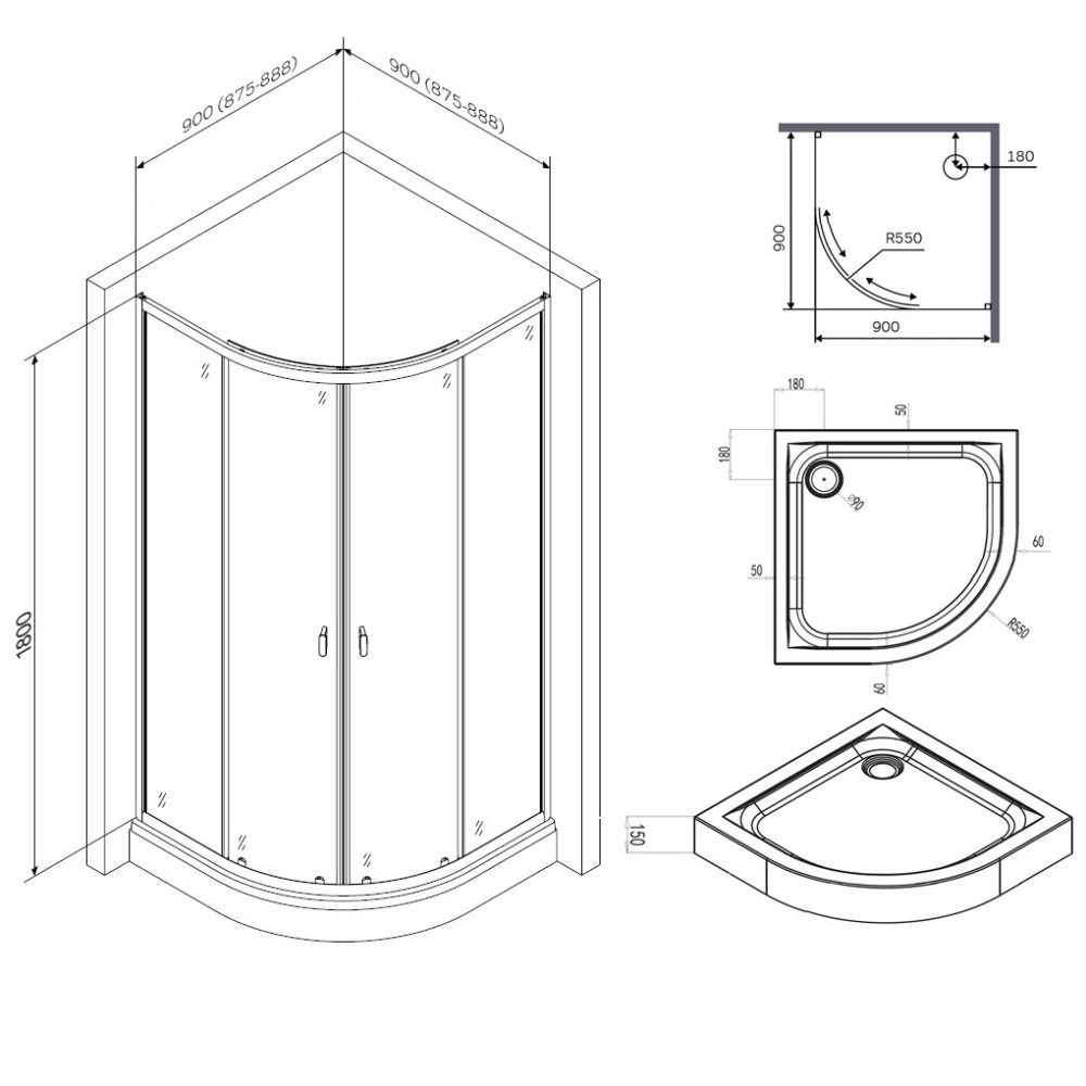 Душевое уголок X-Joy W88E-205-090BT64, Черный, прозрачное