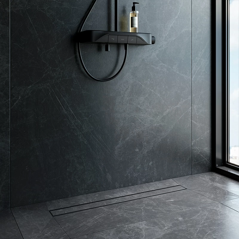 Душевой трап (лоток) 80 AM.PM PrimeFlow W02SC-U11-080-04BM комбинированный затвор с черной матовой решеткой под плитку