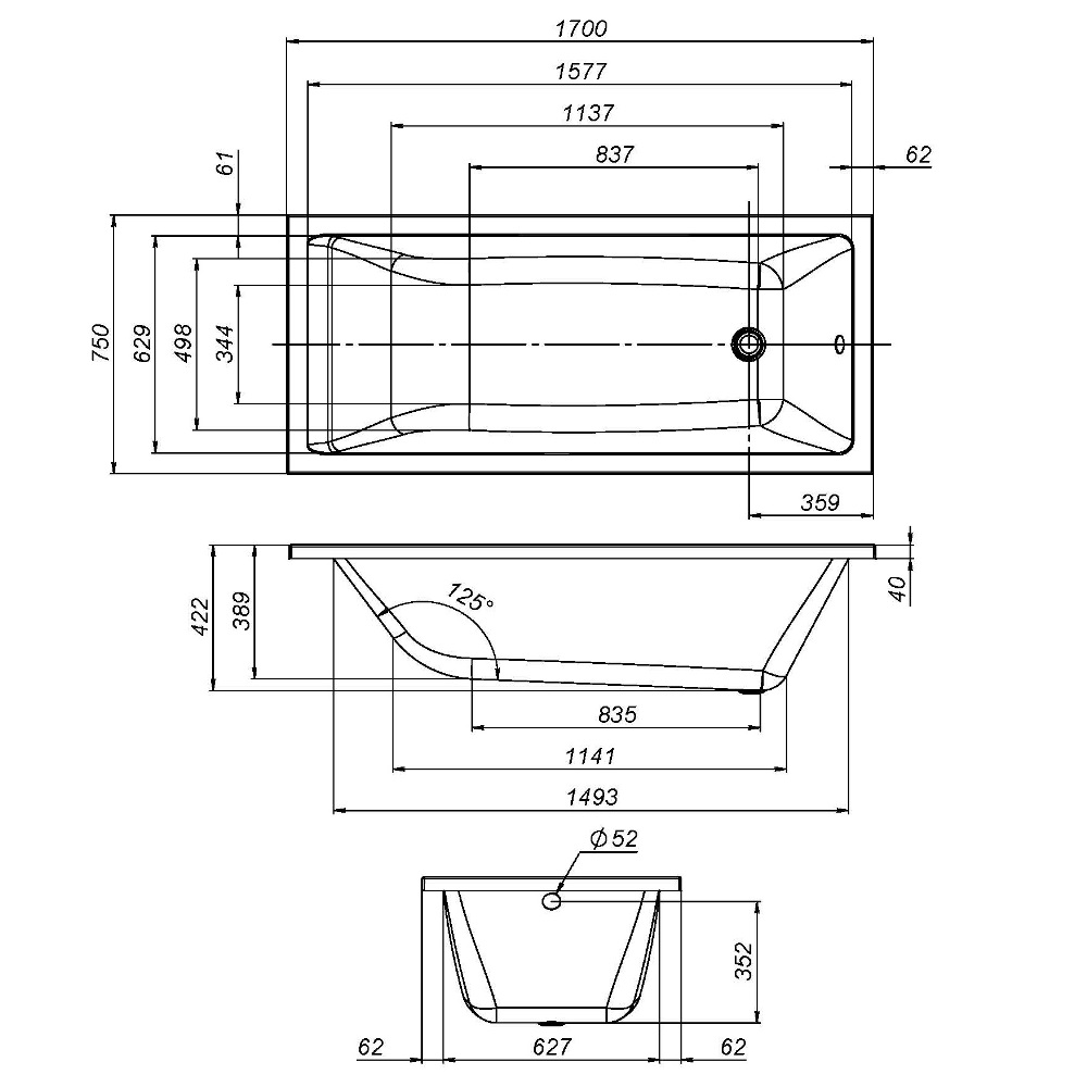 Ванна акриловая 170x75 см Gem W93A-170-075W-A, Белый