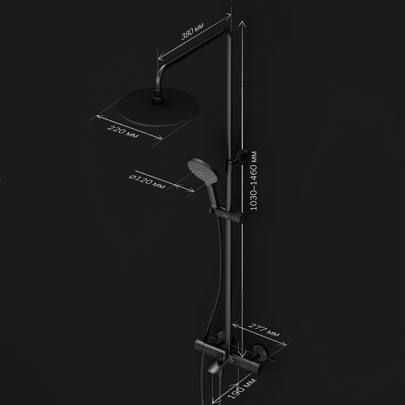 Душевая система AM.PM Like F0780522 стойка с тропическим душем, термостатом, смесителем, изливом, черная матовая