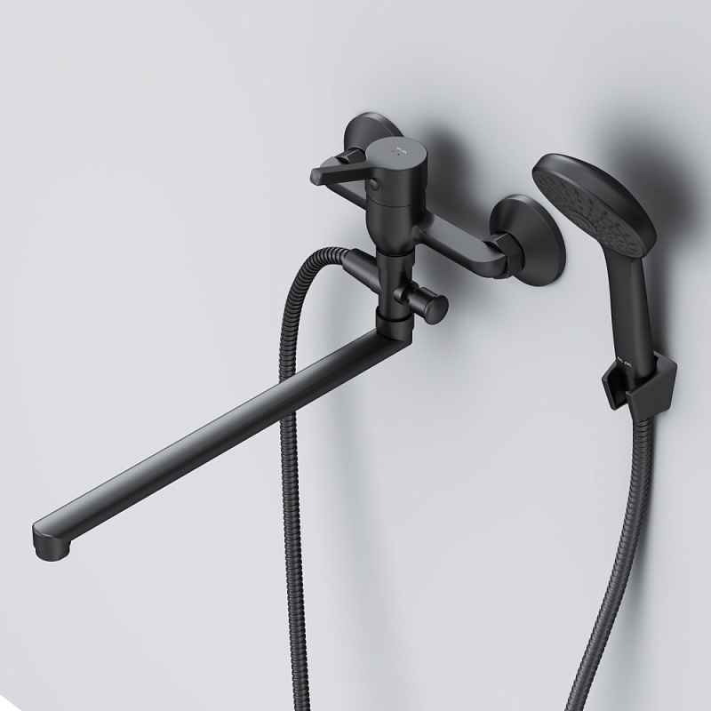 Смеситель для ванны и душа AM.PM X-Joy S F85B90122 длинный излив, душевая лейка, шланг 1500, черный