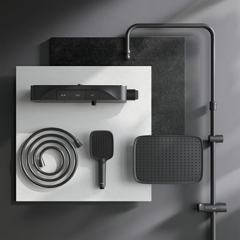Душевая система AM.PM Func F078F222 стойка с тропическим душем, термостатом, смесителем, черная
