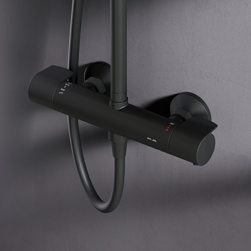 Душевая система AM.PM X-Joy F0785A422 стойка с тропическим душем, термостатом, смесителем, черная матовая