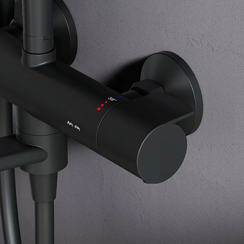 Душевая система AM.PM X-Joy F0785A522 стойка с тропическим душем, термостатом, смесителем, изливом, черная матовая