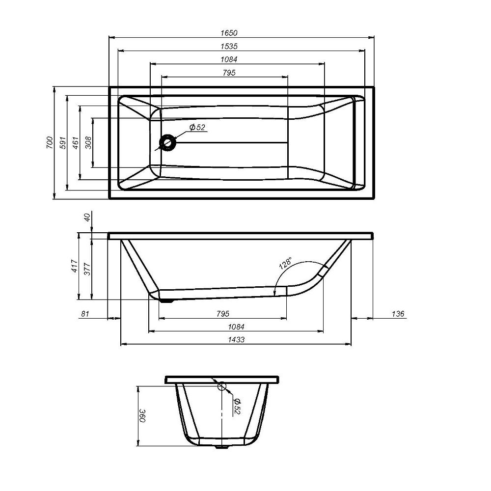 Ванна акриловая 165х70 см Gem W93A-165-070W-A, Белый