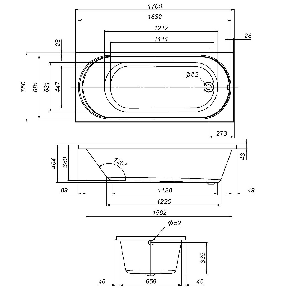 Ванна акриловая 170х75 см X-Joy W94A-170-075W-A, Белый