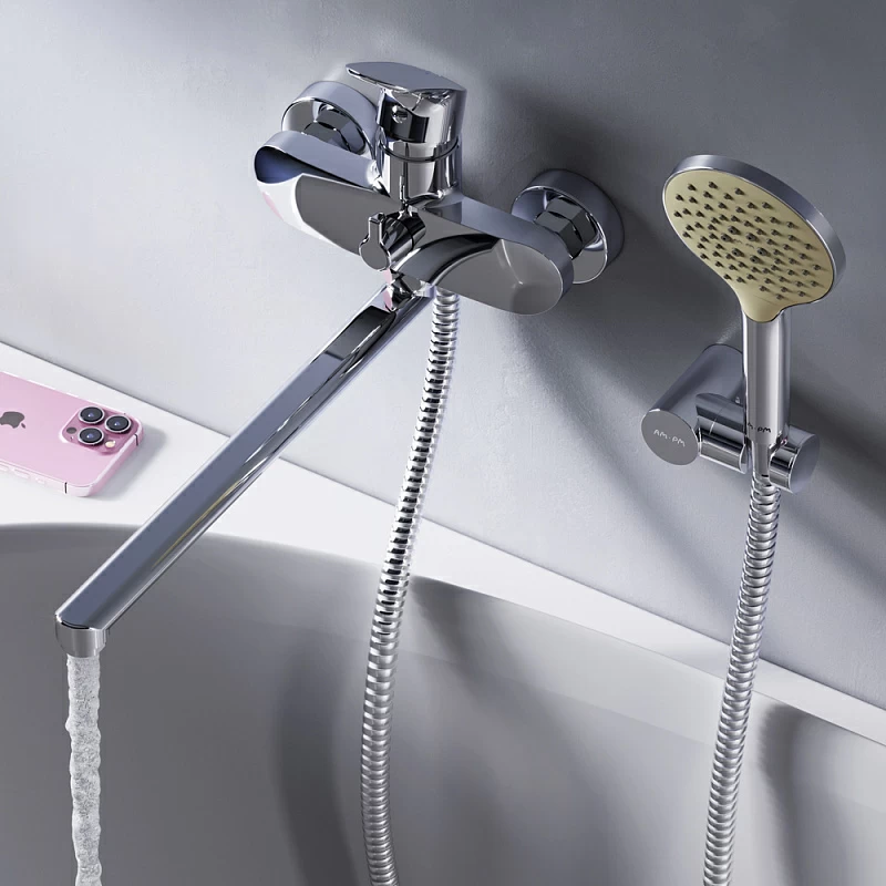 Смеситель для ванны и душа AM.PM Like F8095000 длинный излив, душевая лейка, шланг 1750, хром