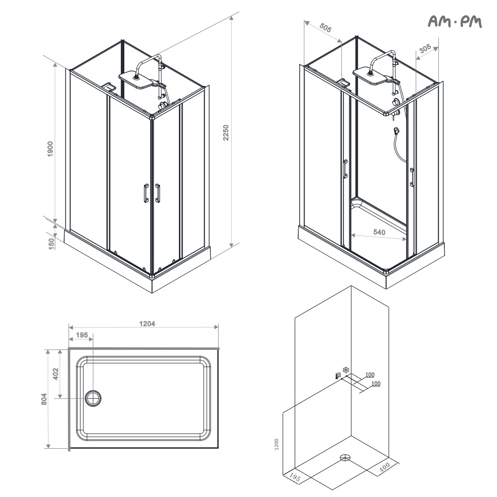 Душевая кабина 120x80 см, прямоугольная, без гидромассажа Above W9XC-403-12080MT, Хром, белый, прозрачное