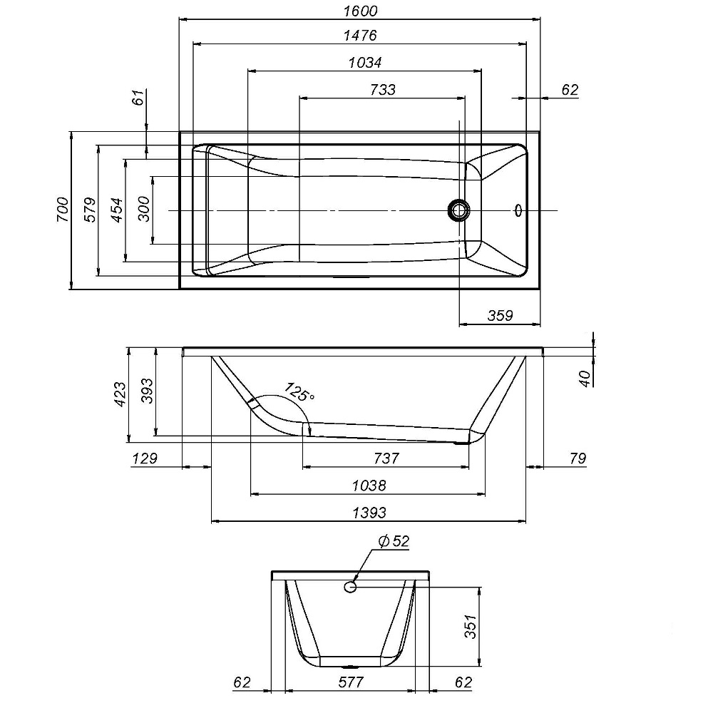 Ванна акриловая 160x70 см Gem W93A-160-070W-A, Белый