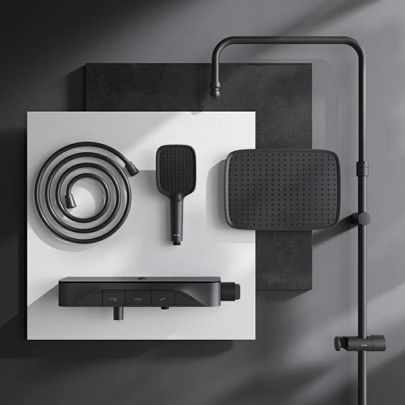 Душевая система AM.PM Func F078F322 стойка с тропическим душем, термостатом, смесителем, изливом, черная