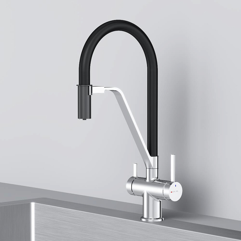 Смеситель для кухни AM.PM Func F8F07802 высокий, хром, с каналом для питьевой воды и гибким черным изливом