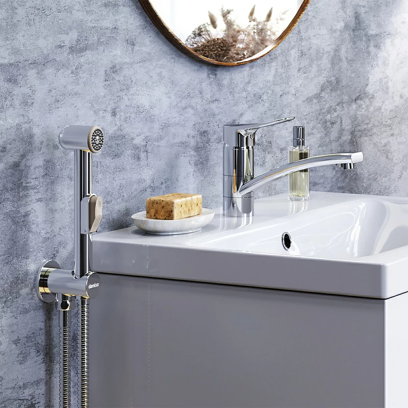 Смеситель для раковины (умывальника) Damixa Jupiter 770230001 с гигиеническим душем, поворотным изливом, хром