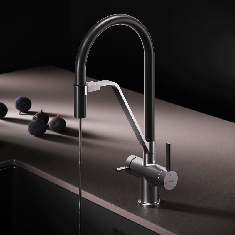 Смеситель для кухни AM.PM Func F8F07812 высокий, сатин с каналом для питьевой воды и гибким черным изливом