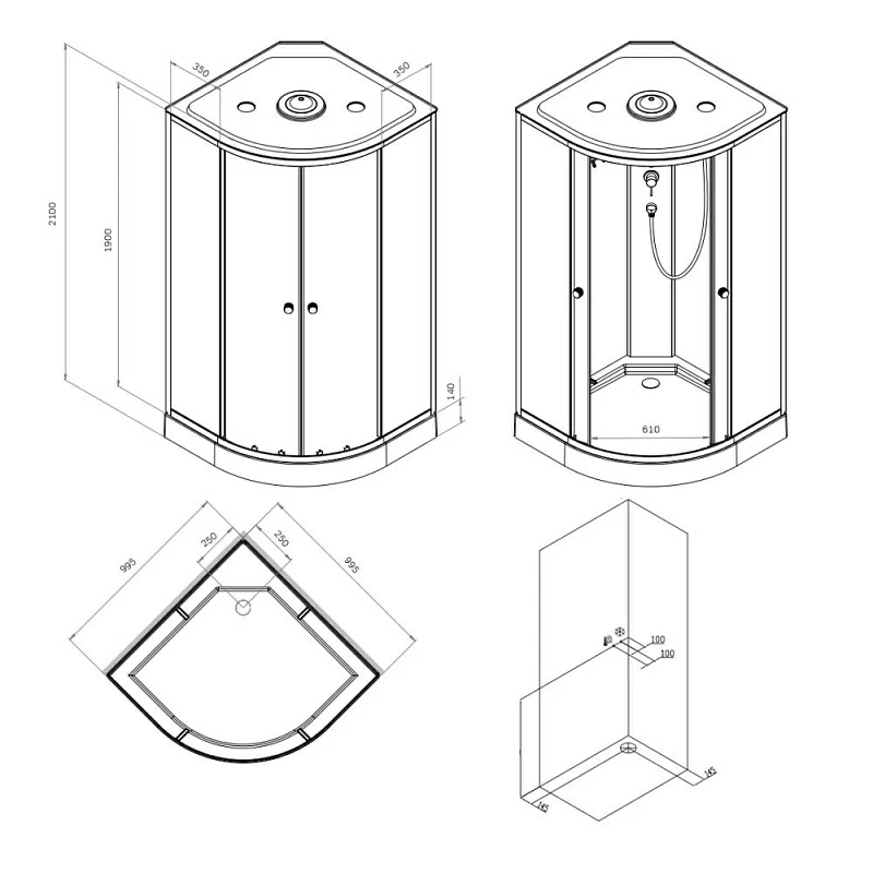 Душевая кабина 100x100 AM.PM X-Joy W94C-401-100BT профиль черный матовый, низкий поддон